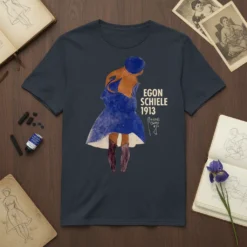 Egon Schiele 1913 Reche Chai artwork printed on a dark navy t-shirt, featuring a woman in a blue dress and