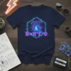 E=π*I²*C science equation t-shirt with a neon cyberpunk style Pi symbol and circuit board elements
