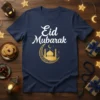Navy blue t-shirt with "Eid Mubarak" in white script and a gold crescent moon with a mosque graphic