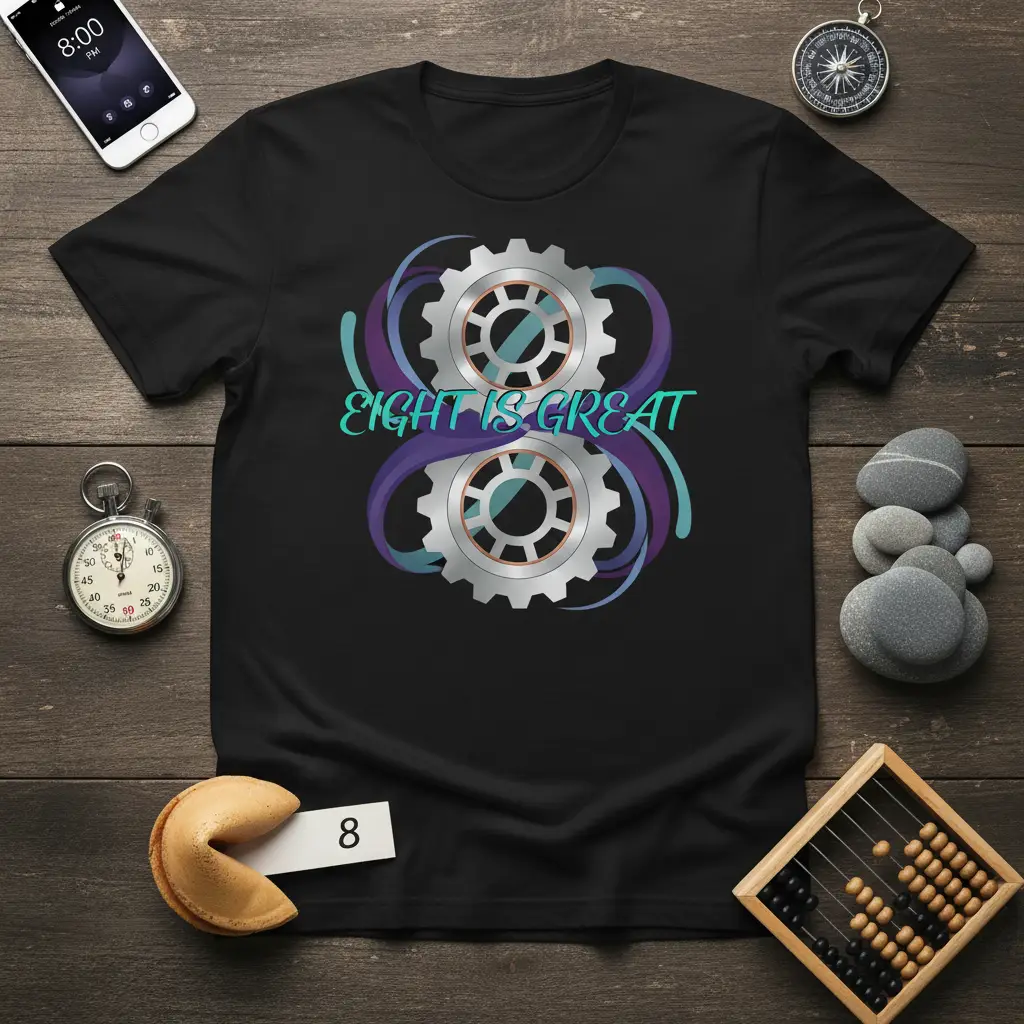 EIGHT IS GREAT text with interlocking gears graphic on a black t-shirt, celebrating the number eight