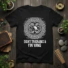 Black t-shirt featuring white text "EIGHT TRIGRAMS & YIN YANG" above a circular design with dragons and the yin yang