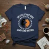 German text "Eine Katze Ist Nicht Genug Zwei Sind Besser" with yin-yang cats graphic on a navy blue t-shirt