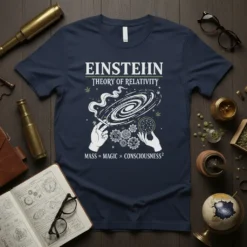 Einstein Theory of Relativity t-shirt with the equation Mass = Magic × Consciousness² and galaxy graphic