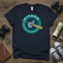 Navy t-shirt with "EITHER" text in a circle and a wooden kayak paddle graphic