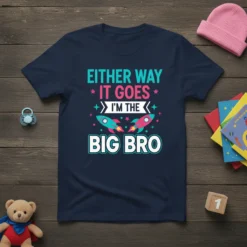 Big Bro t-shirt with "Either Way It Goes I'm The Big Bro" text and rocket graphics, navy blue shirt