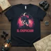 El Chupacabr text in pink with a dark winged creature on a mountain peak under a pink moon, dark t-shirt