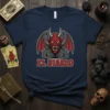 El Diablo text with a red devil graphic featuring horns and wings on a navy t-shirt