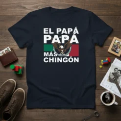 El Papá Papa Más Chingón Mexican Dad T-Shirt featuring bold Spanish text and an eagle graphic with Mexican flag colors