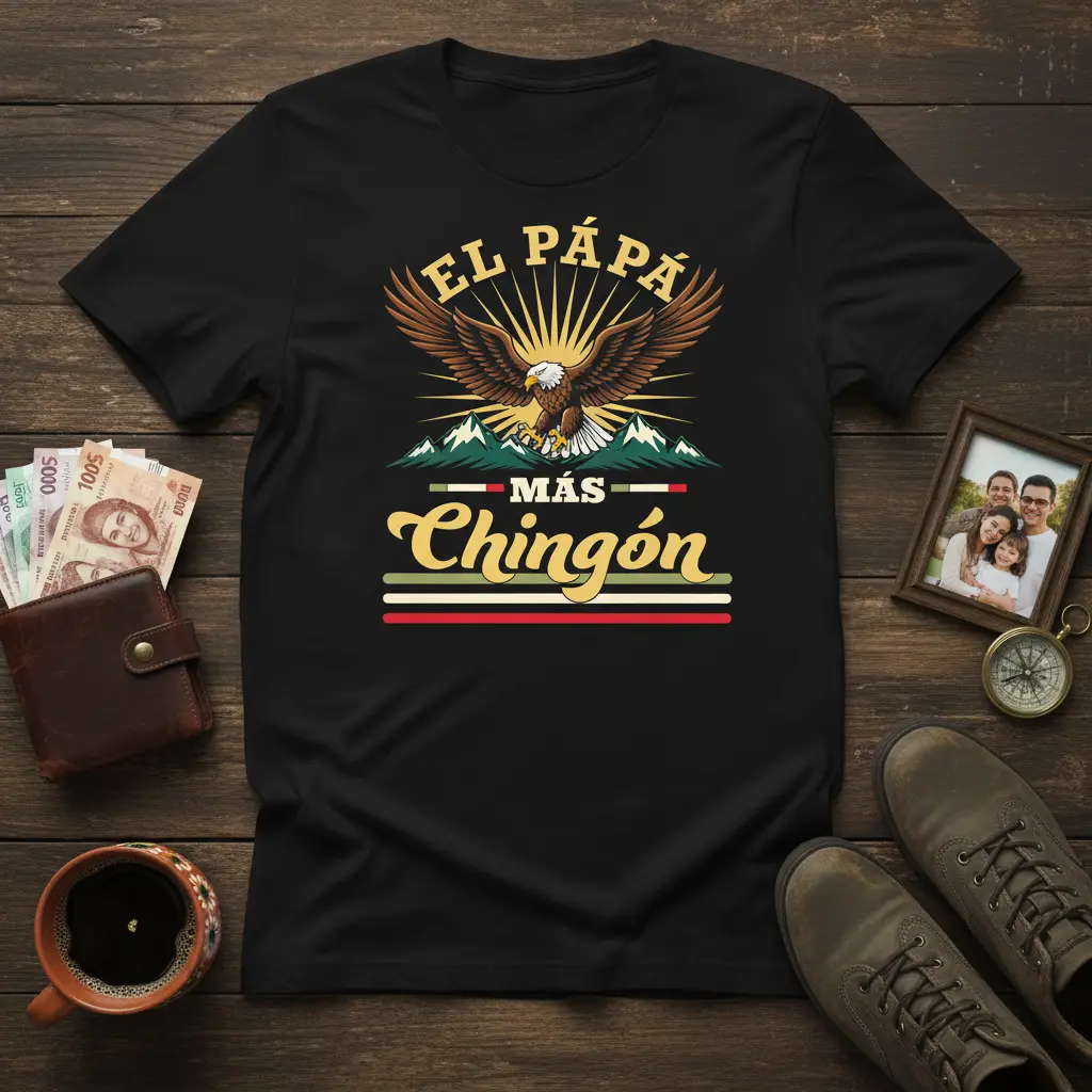 El Papá Más Chingón Mexican dad t-shirt design with eagle and mountain graphic