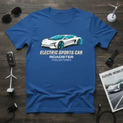 Blue t-shirt featuring a white electric sports car with blue accents, text reads ELECTRIC SPORTS CAR ROADSTER OPEN AIR POWER