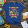 Elementary School Today HBCU Tomorrow 2024 text design with school building and capitol graphics on a blue t-shirt