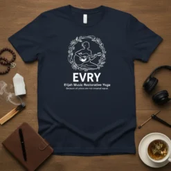 Elijah Music Restorative Yoga t-shirt with quote "Because all poses are not created equal" and yoga musician graphic