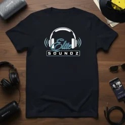 Elite SOUNDZ text logo with headphones graphic on a black t-shirt