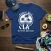 Elysian Park LA Certified Paradise text with palm trees and California outline graphic on a navy blue t-shirt