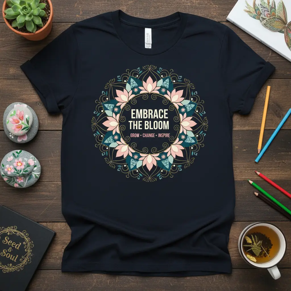 Embrace The Bloom Grow Change Inspire quote within a circular floral mandala graphic on a dark t-shirt