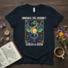 Embrace The Journey Evolve & Grow t-shirt with a colorful dragon design and motivational text