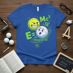 Blue t-shirt with E=mc² / √R golf and tennis ball physics joke design. Includes atom symbol and orbits