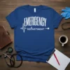 Blue t-shirt with white text "EMERGENCY DEPARTMENT" and a heartbeat line graphic, representing emergency medical services