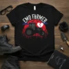 Emo Farmer T-Shirt with a tractor graphic, broken heart, roses, and bats against a sunset