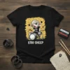 Emo Sheep T-Shirt design with a sheep playing drums, text reads EMO SHEEP, black t-shirt