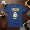Emotional Support Bird T-Shirt with a cute cartoon bird holding a heart and wearing glasses