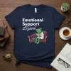 Emotional Support Lizard t-shirt with a green chameleon in a lab coat sitting on a purple couch, holding a clipboard