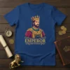 Emperor King of Kings text design with a regal portrait of a crowned emperor in ornate attire on a blue