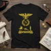 Black t-shirt with gold Empire Français design featuring Napoleon's eagle, laurel wreath, 'N', cavalry, cannon, and soldier