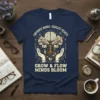 T-shirt design with text "EMPOWER MINDS EDUCATE HEARTS GROW & FLOW MINDS BLOOM" surrounding a tree of knowledge graphic with