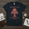 Navy t-shirt with coral text "EMPOWERED BY FAITH, EMPOWERED BY FAITLE BY GRACE" and a graphic of a tree with
