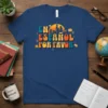 En Español Por Favor retro graphic t-shirt design with sunset city skyline and speech bubble elements