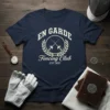 En Garde Fencing Club EST. 1892 text with crossed swords and laurel wreath graphic on a navy t-shirt