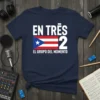 T-shirt with "EN TRÉS 2 EL GRUPO DEL MOMENTO" text and Puerto Rico flag graphic in white and red