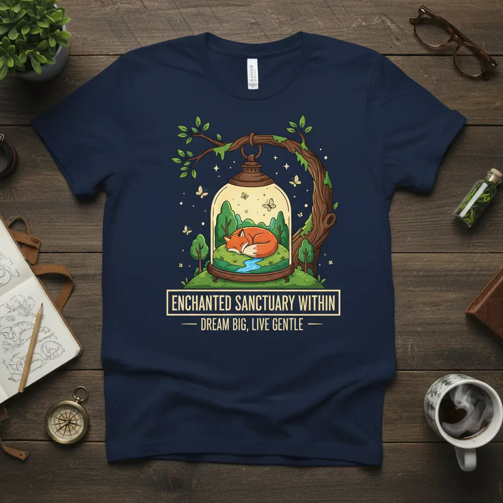 Enchanted Sanctuary Within Dream Big Live Gentle t-shirt featuring a sleeping fox in a magical glass terrarium with woodland elements and stars