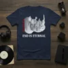 Navy t-shirt with white minimalist vertical lines and "END IS ETERNAL" text. Red Japanese characters on the left