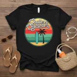 Endless Summer t-shirt with retro sunset, surfboard, and palm tree graphic