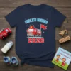 Endlich Bruder 2020 t-shirt with a cute cartoon fire truck graphic and blue text