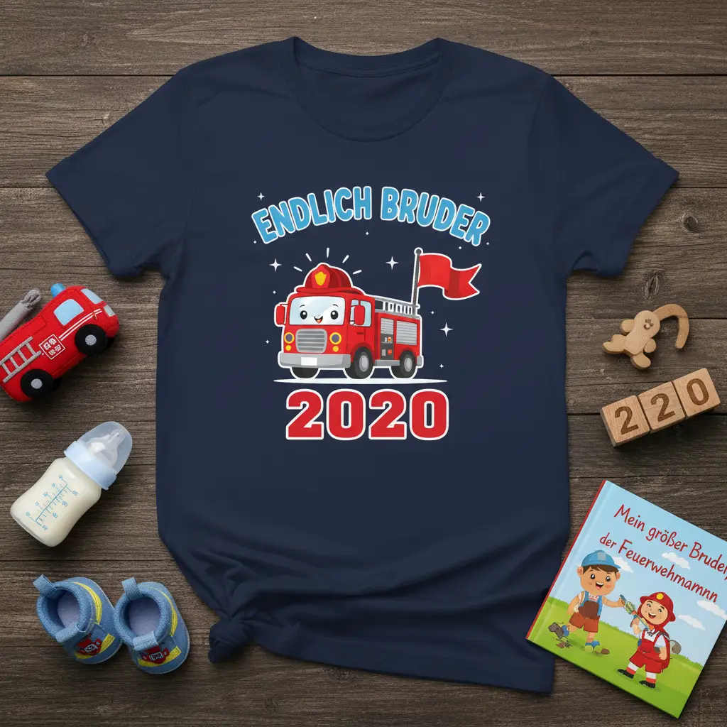 Endlich Bruder 2020 big brother t-shirt with cute fire truck and blue text