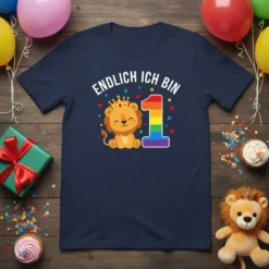 Endlich ich bin 1 first birthday t-shirt with a cute lion wearing a crown and a rainbow number 1 graphic