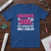 Engineer Girl Like A Regular Girl Only Cooler text design with gears graphic, pink and white lettering on blue t-shirt