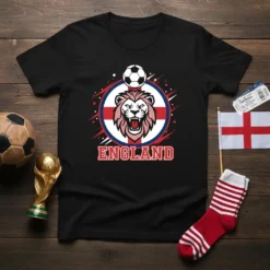 England Football Lion T-Shirt design featuring a roaring lion, a soccer ball, and the word ENGLAND in bold red letters