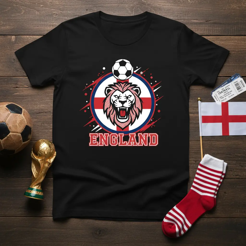 England Football Lion graphic tee with roaring lion and soccer ball design for national team supporters
