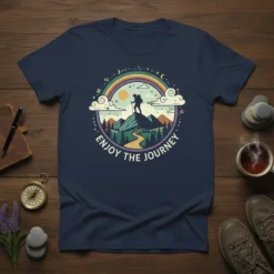 Enjoy The Journey t-shirt with a hiker on a mountain peak under a rainbow, featuring nature-inspired graphics and text
