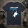 Enjoy The Silence quote on a navy t-shirt with a minimalist profile graphic and sound wave illustration