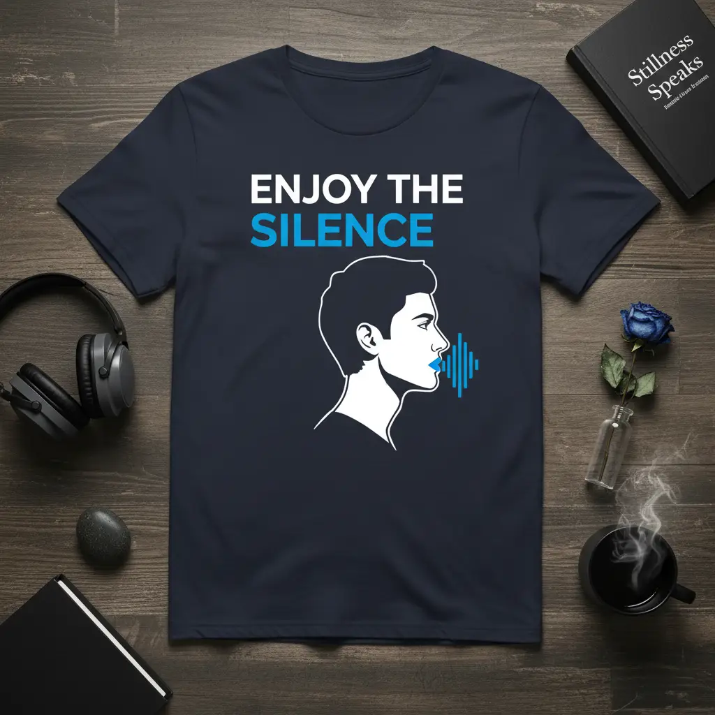 Enjoy The Silence quote graphic with minimalist profile and sound wave on a navy tee