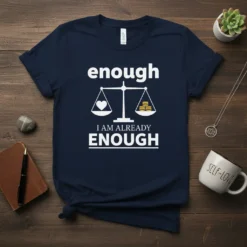Navy t-shirt with white text "enough I AM ALREADY ENOUGH" and scales graphic, one side with heart, other with coins