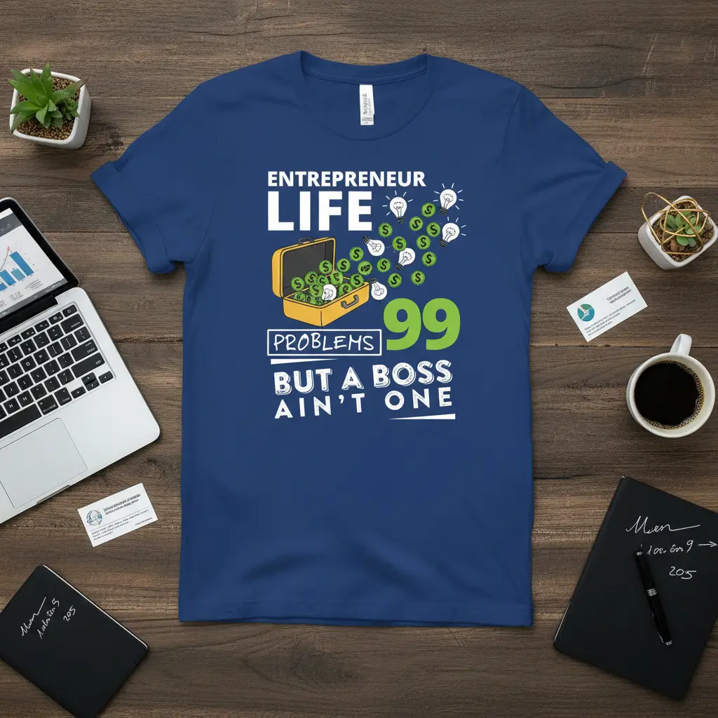 Entrepreneur Life 99 Problems But A Boss Ain't One quote with money bag and lightbulb graphics on a blue tee