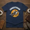 Equestrian T-Shirt with a rider jumping a horse over a bar, text "EQUESTRIAN" above, set against a sunburst graphic
