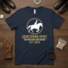 Navy t-shirt with white graphic of a rider on a horse, text "EQUESTRIAN SPIRIT RIDE WITH HEART AND COURAGE EST