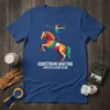 Equestrian Vaulting Artistry & Athleticism text on a blue t-shirt with a colorful geometric horse and rider graphic